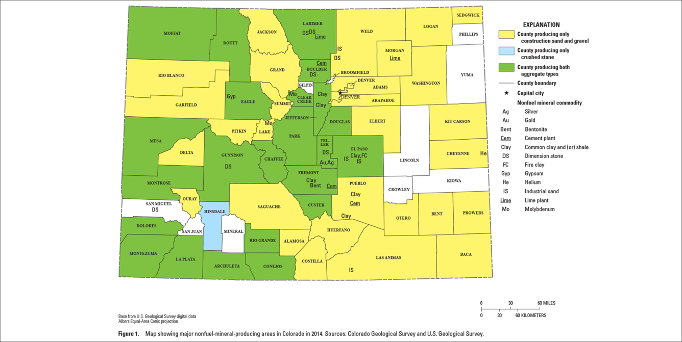 Colorado mineral commodity producing areas map from 2014 Minerals Yearbook