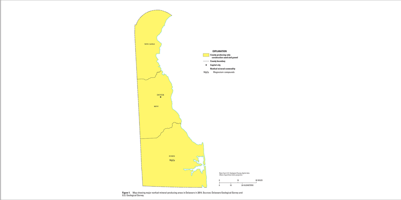 Delaware mineral commodity producing areas map from 2014 Minerals Yearbook