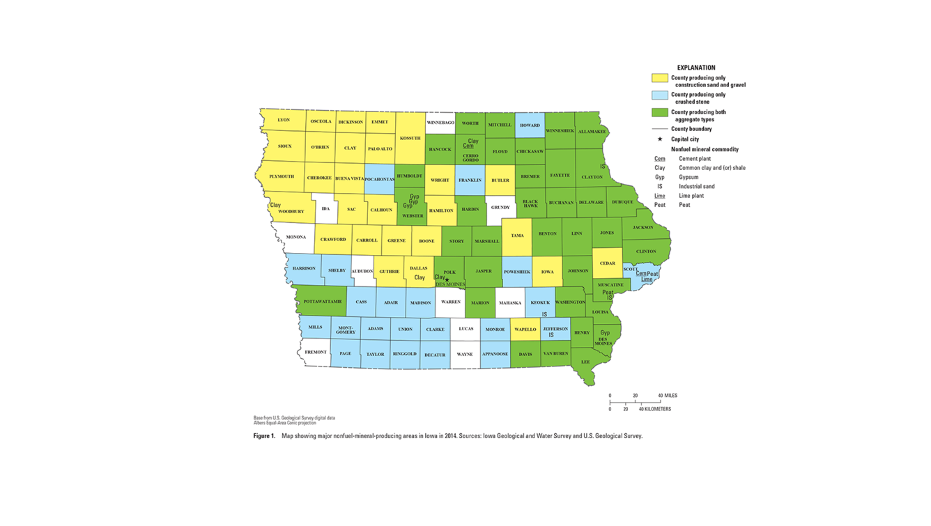 Iowa mineral commodity producing areas map from 2014 Minerals Yearbook