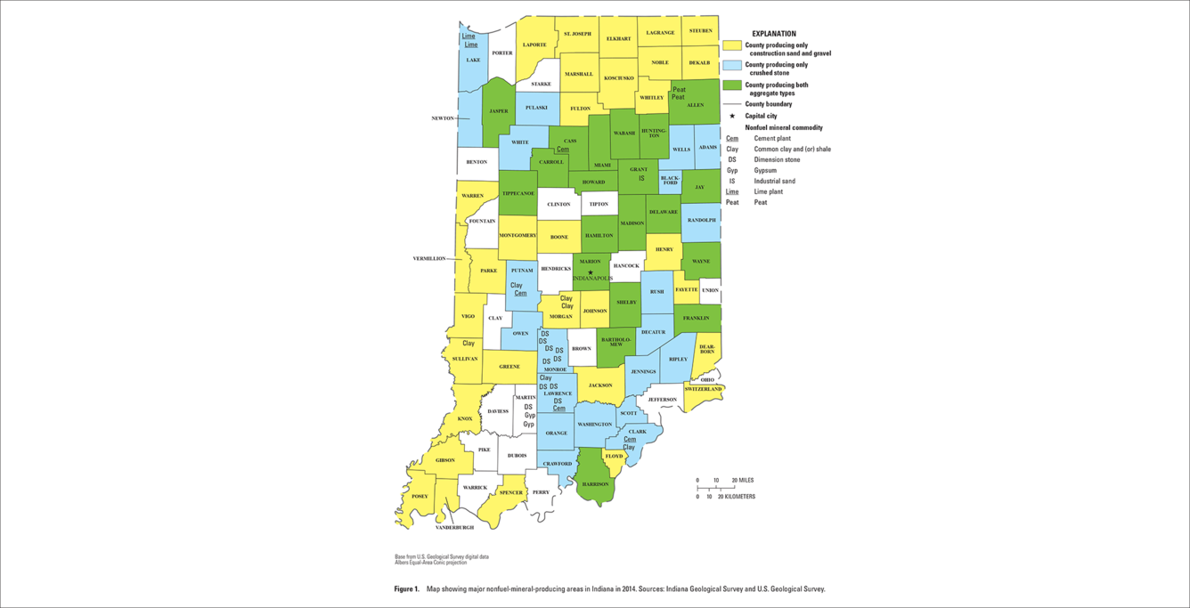 Indiana mineral commodity producing areas map from 2014 Minerals Yearbook