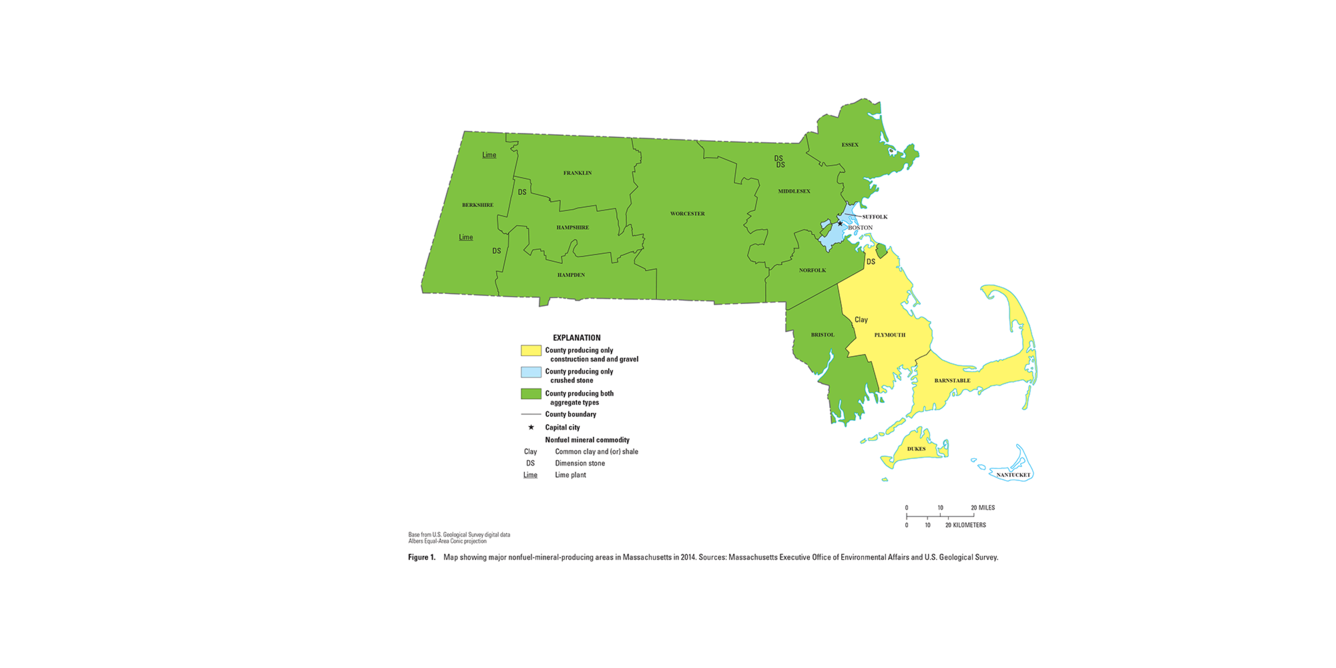 Massachusetts mineral commodity producing areas map from 2014 Minerals Yearbook