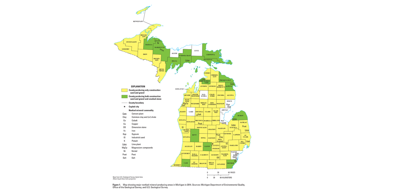 Michigan mineral commodity producing areas map from 2014 Minerals Yearbook