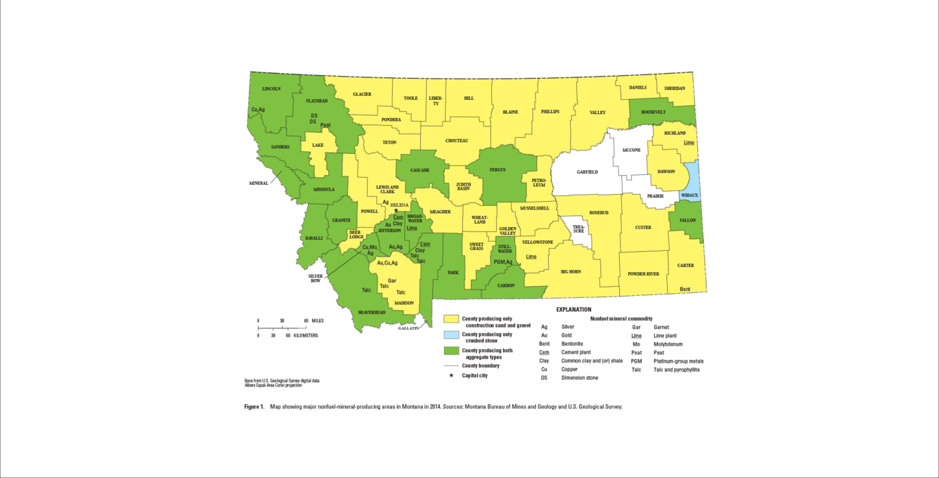 Montana mineral commodity producing areas map from 2014 Minerals Yearbook