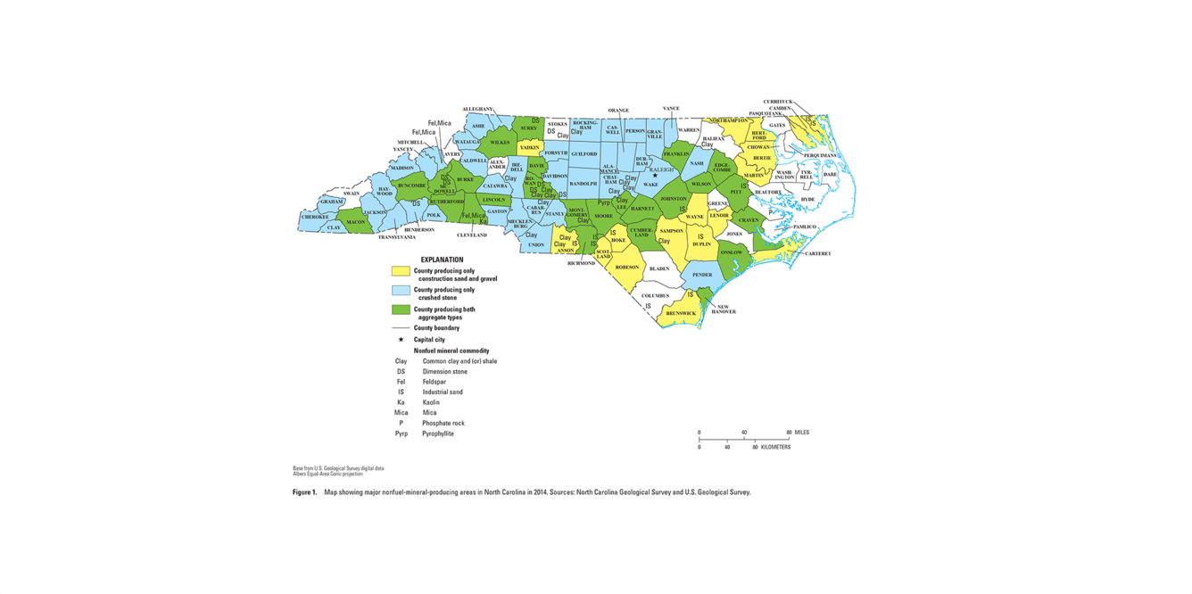 North Carolina mineral commodity producing areas map from 2014 Minerals Yearbook