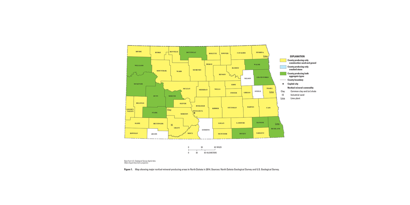 North Dakota mineral commodity producing areas map from 2014 Minerals Yearbook