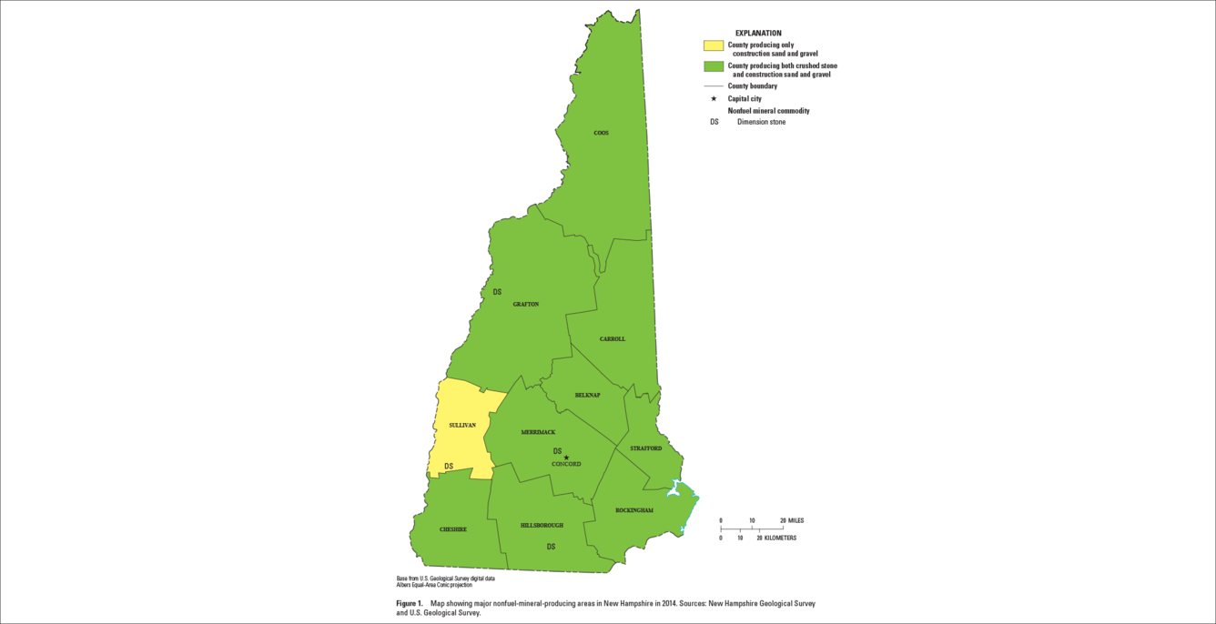 New Hampshire mineral commodity producing areas map from 2014 Minerals Yearbook
