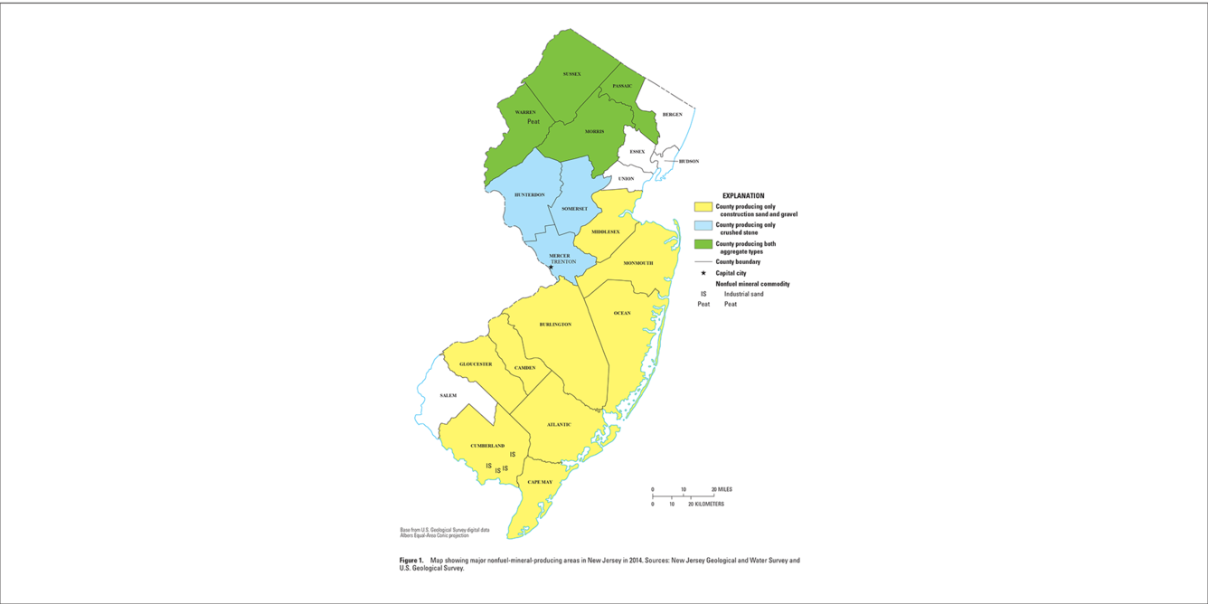 New Jersey mineral commodity producing areas map from 2014 Minerals Yearbook