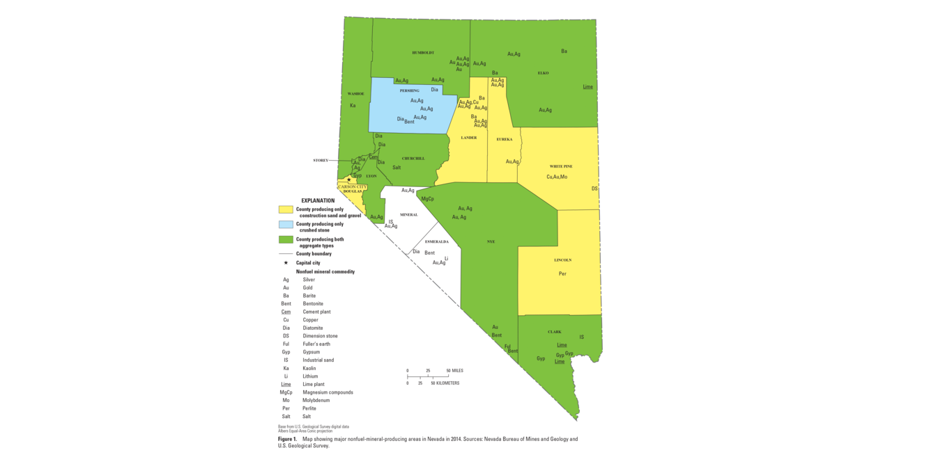 Nevada mineral commodity producing areas map from 2014 Minerals Yearbook