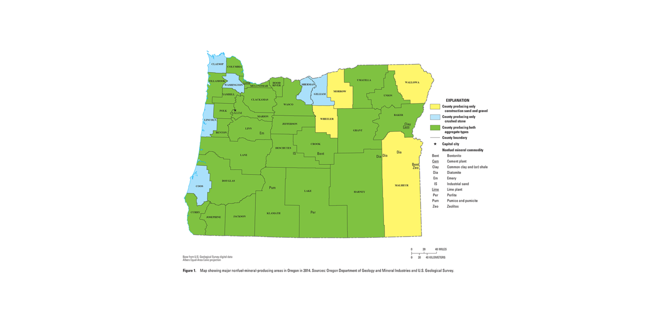 Oregon mineral commodity producing areas map from 2014 Minerals Yearbook