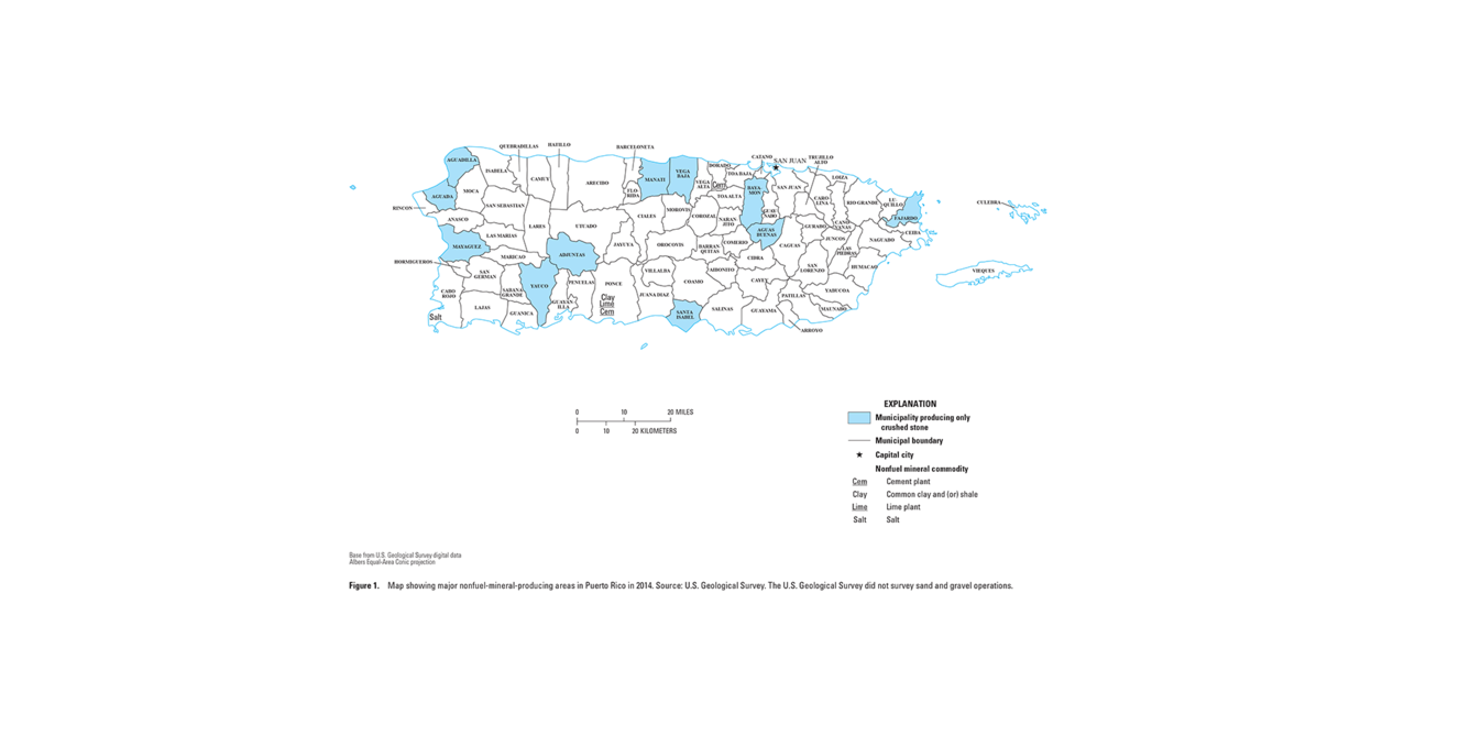 Puerto Rico mineral commodity producing areas map from 2014 Minerals Yearbook