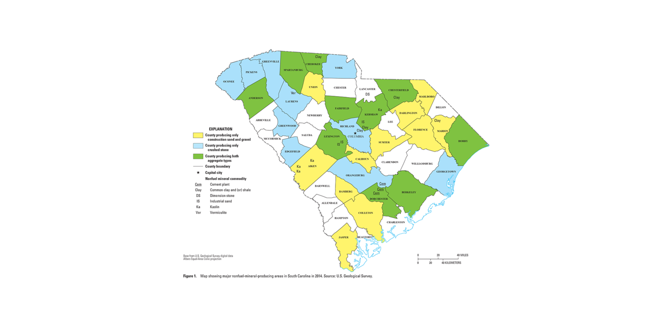 South Carolina mineral commodity producing areas map from 2014 Minerals Yearbook