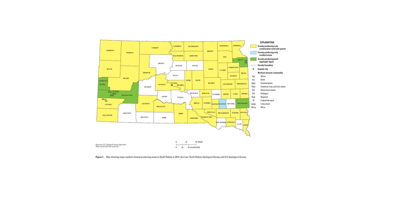 South Dakota mineral commodity producing areas map from 2014 Minerals Yearbook
