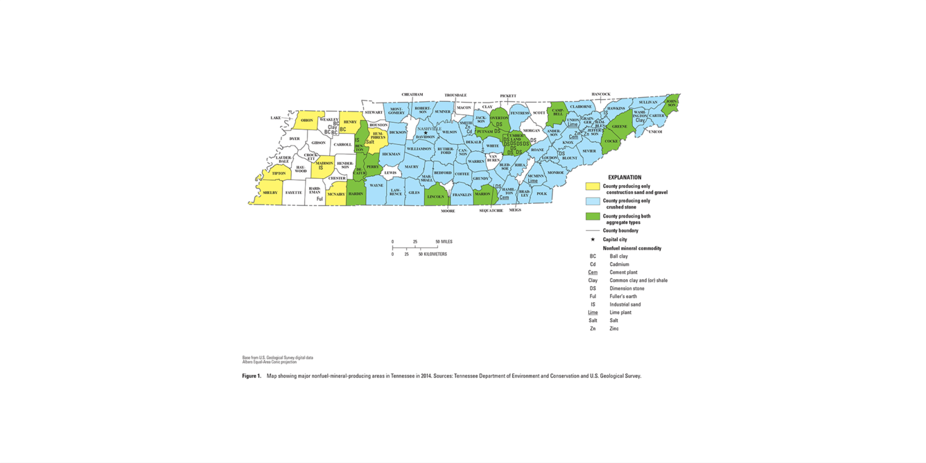 Tennessee mineral commodity producing areas map from 2014 Minerals Yearbook