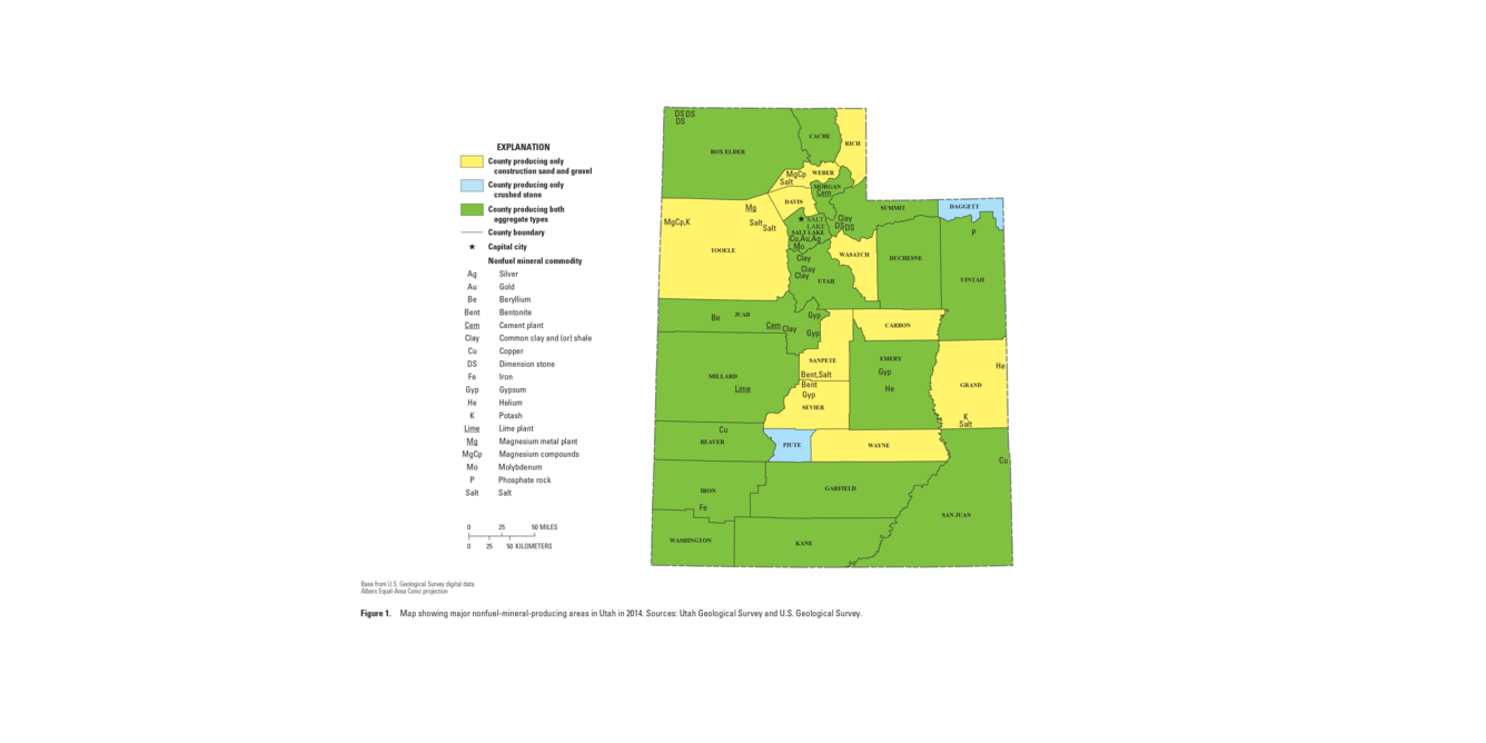 Utah mineral commodity producing areas map from 2014 Minerals Yearbook
