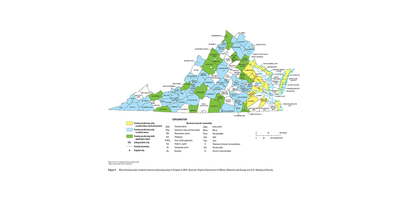 Virginia mineral commodity producing areas map from 2014 Minerals Yearbook