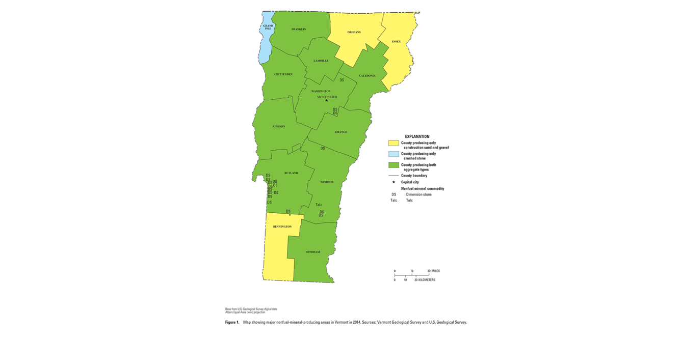 Vermont mineral commodity producing areas map from 2014 Minerals Yearbook
