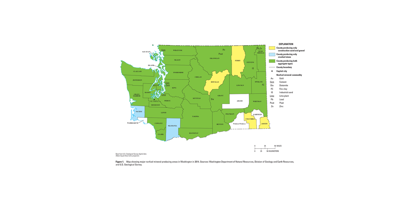 Washington mineral commodity producing areas map from 2014 Minerals Yearbook