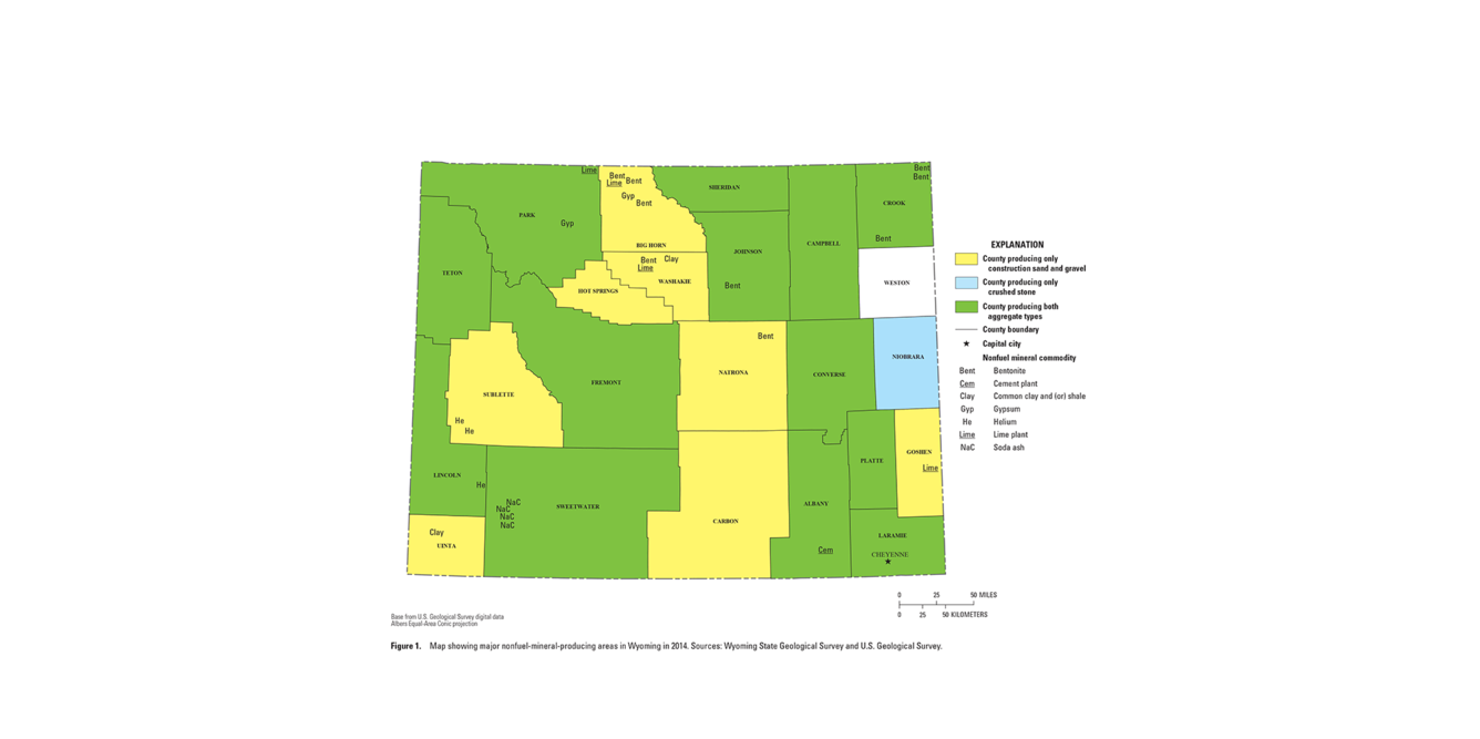 Wyoming mineral commodity producing areas map from 2014 Minerals Yearbook