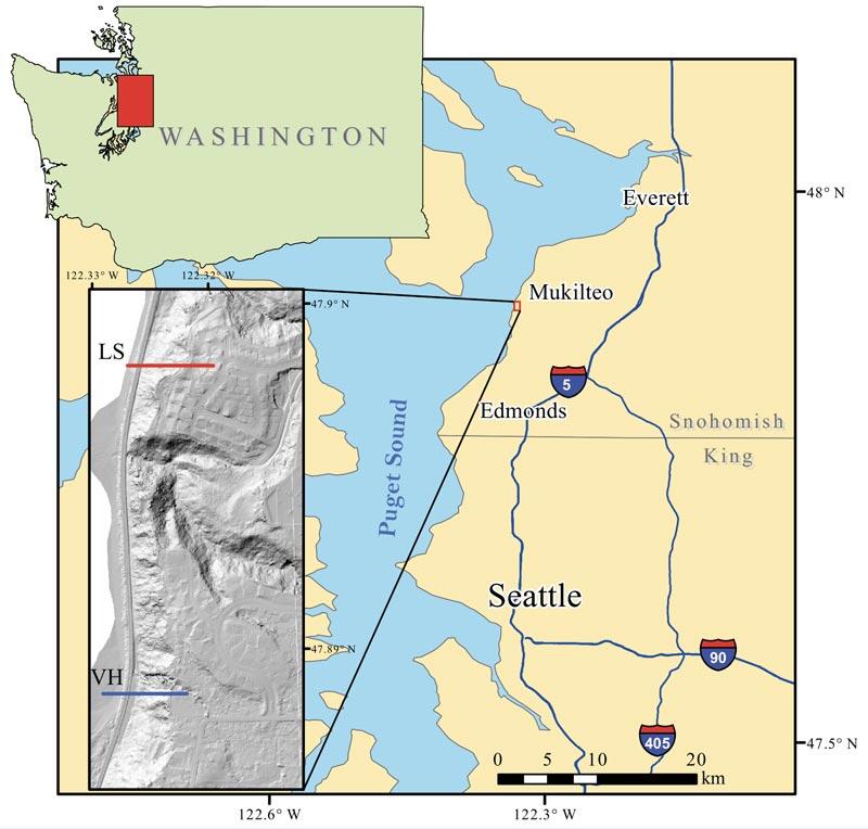 Map of Puget Sound Washington, showing location of the field site in Mukilteo.