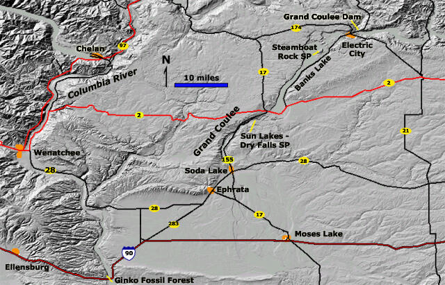 A map of Grand Coulee/Sun River Lakes