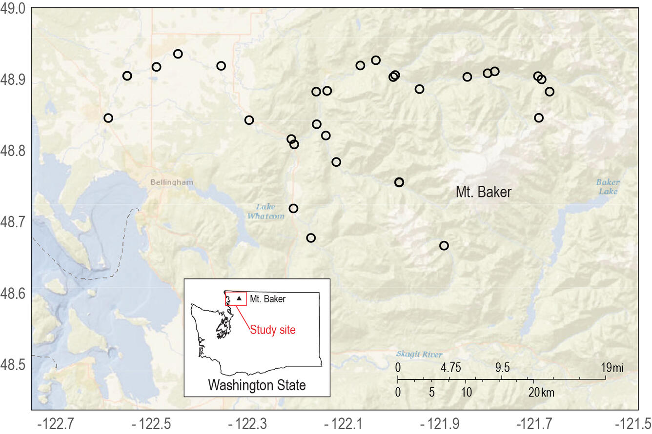 Map has dots on it to show where data was collected.