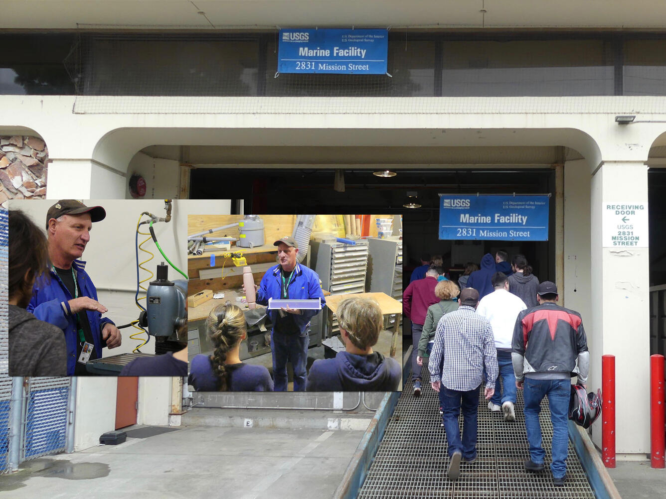 Two photos of a man talking to people placed on top of a photo of people walking up ramp into warehouse.