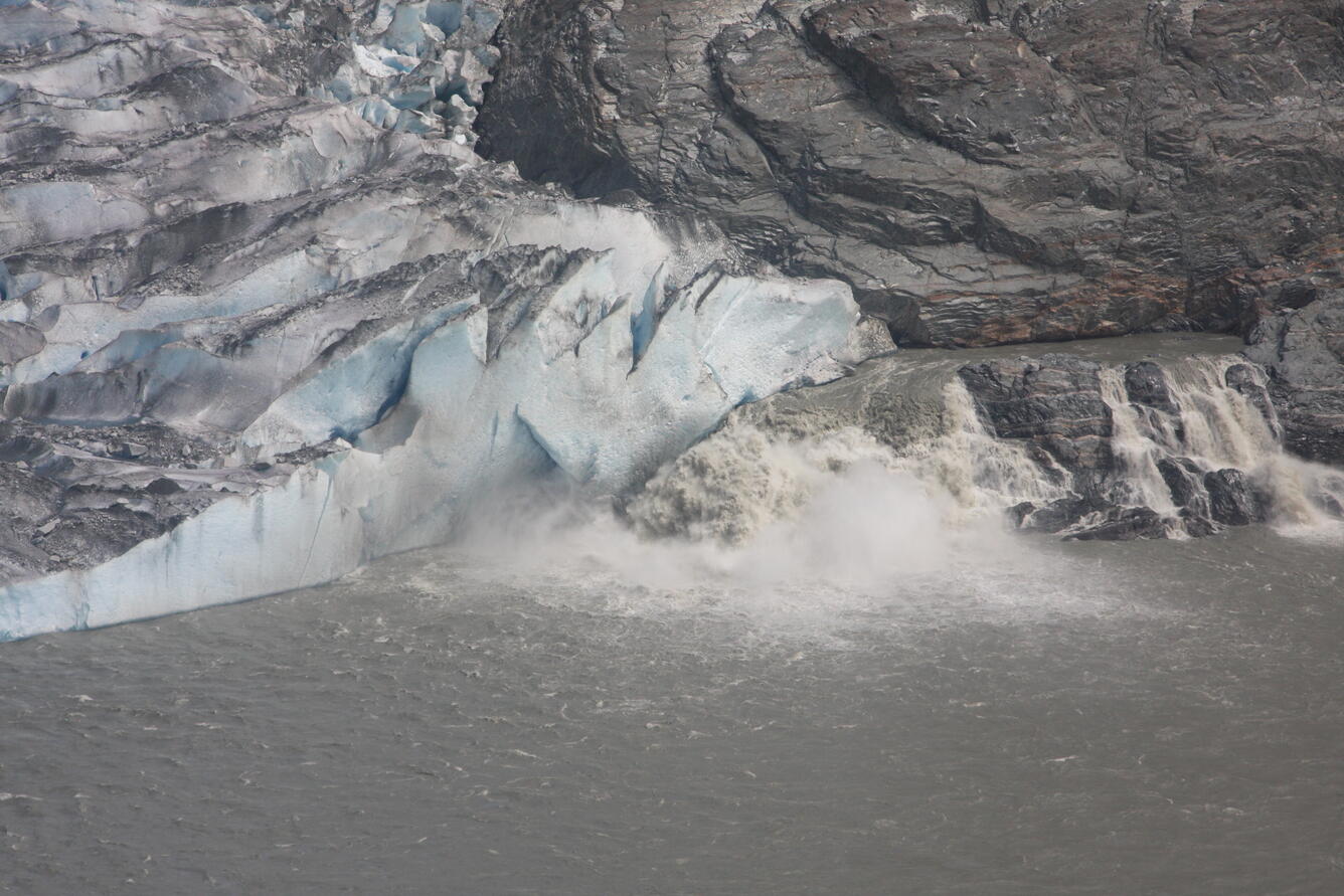 White, frothy water pours from the bottom of a blue glacier, marring the surface of a calm grey lake.