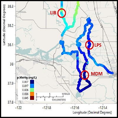  Maps showing the modeled concentrations of particulate methylmercury (pMeHg) throughout the 3-day mapping transect data collect