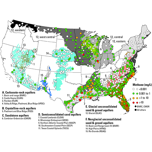 Methane in aquifers used for public supply in the United States