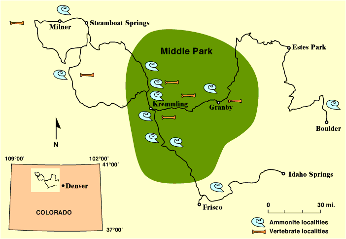 Fossil locations near Middle Park, Colorado