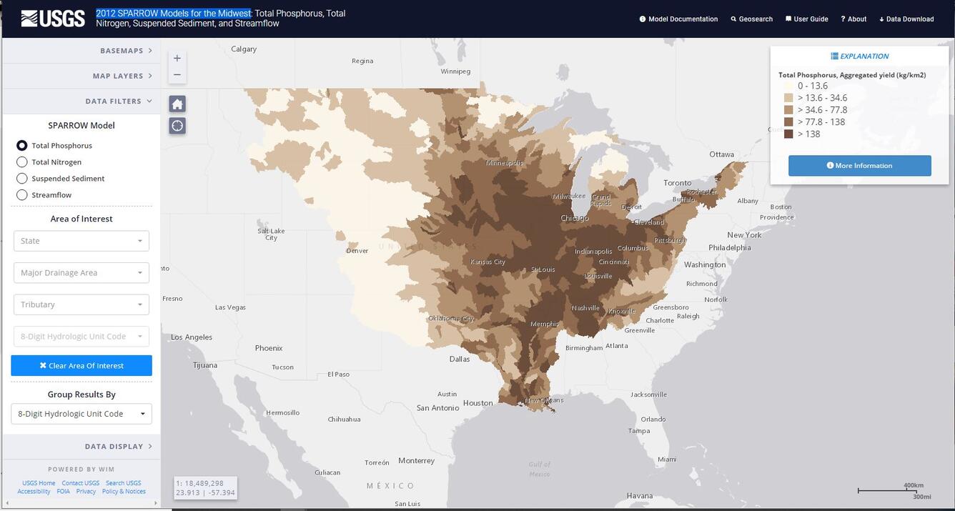 Screen shot of the SPARROW web interface for the Midwest