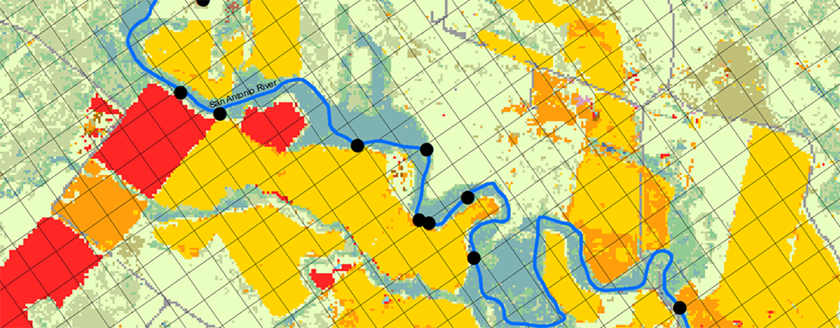Model grid of surface-water/groundwater interaction in lower San Antonio River showing surface-water diversions