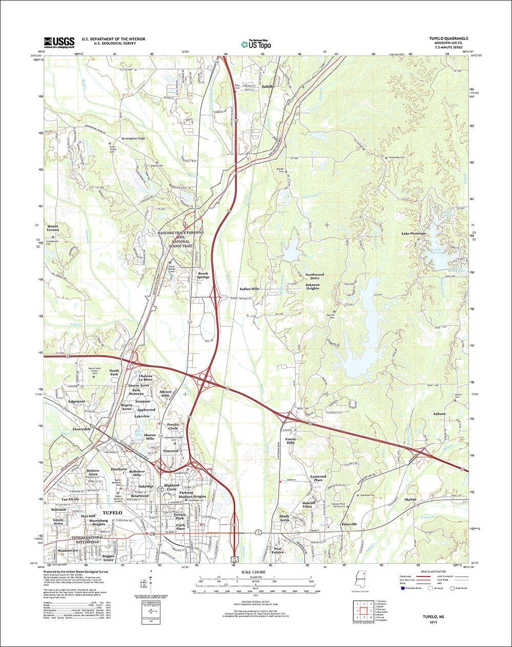 2015 version of Tupelo, Mississippi US Topo quadrangle with orthoimage turned off. 