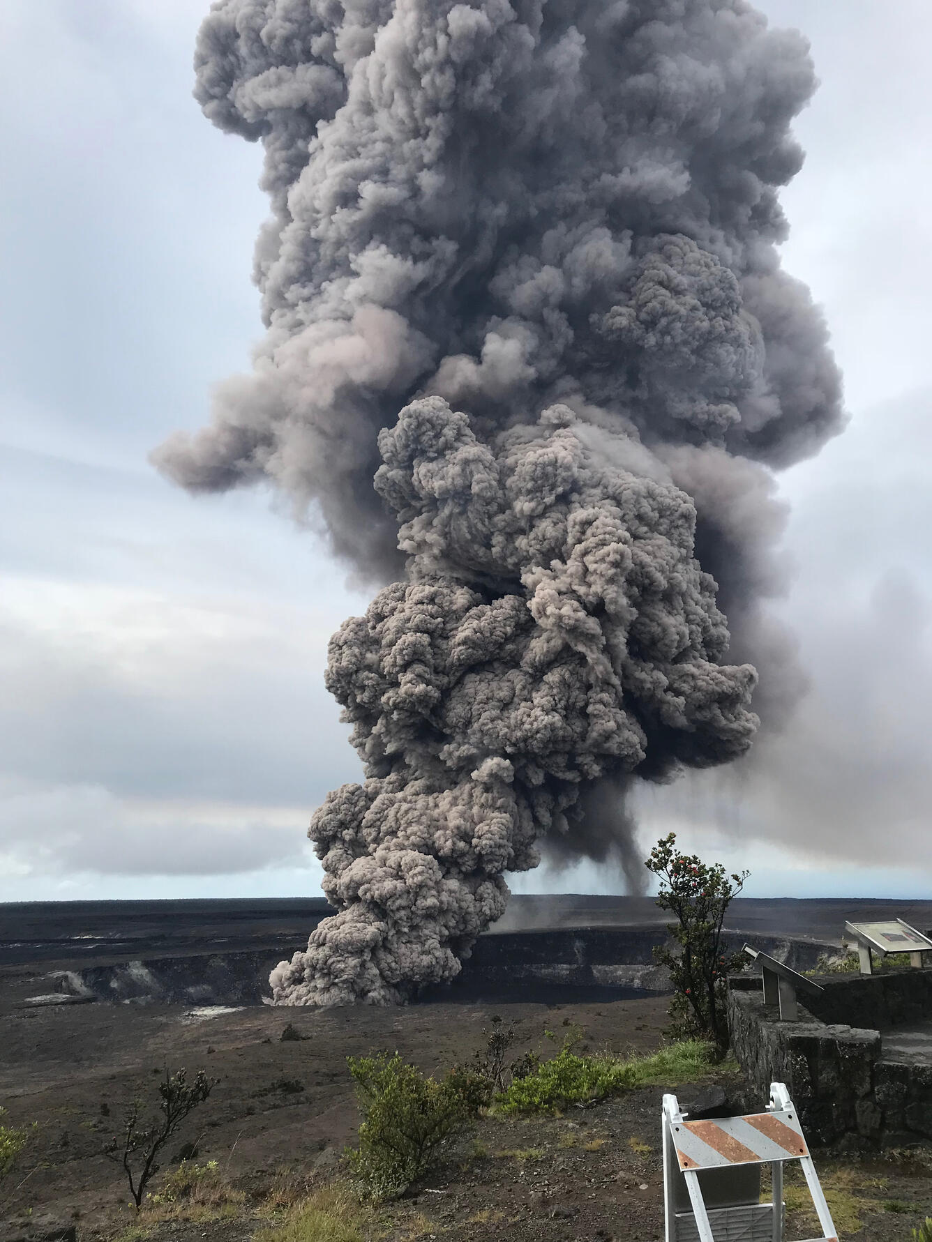 Ash column rises from the Overlook crater at the summit of Kīlauea Volcano.