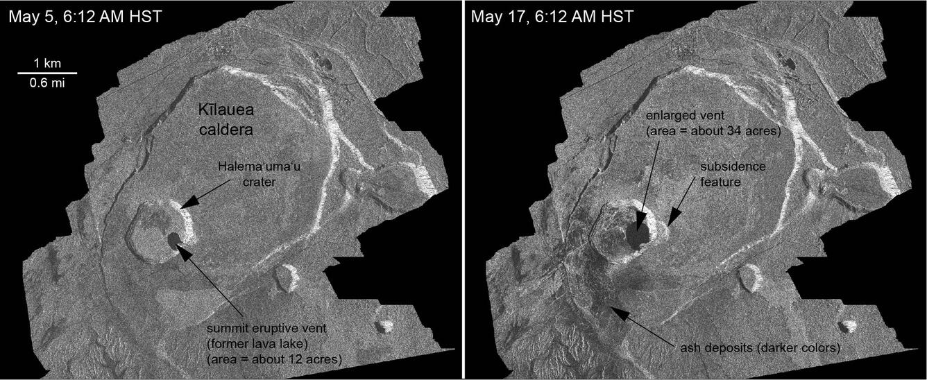 Side by side comparisons of caldera showing change.