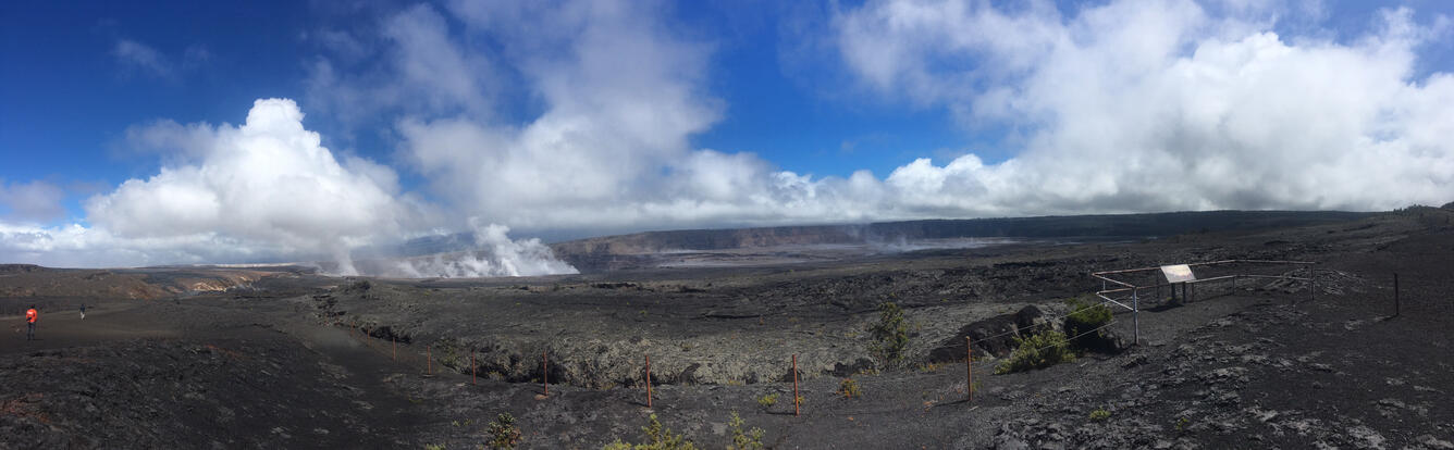 A panoramic photo of Halema`uma`u Crater