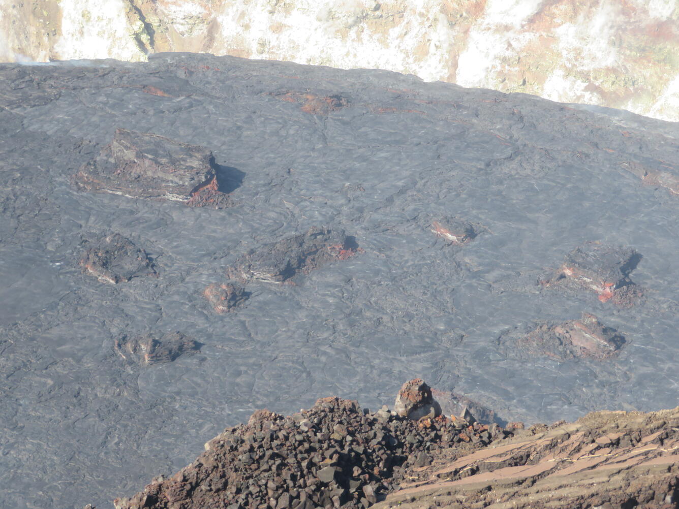 The eastern portion of the lava lake in Halema‘uma‘u remains solidified at the surface