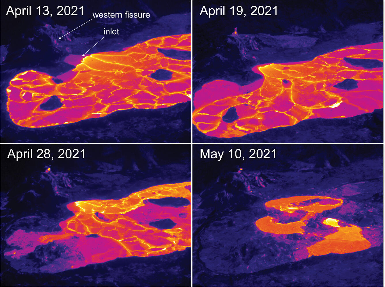 This thermal image comparison shows the diminishing area of active surface lava over the past month in Halema‘uma‘u