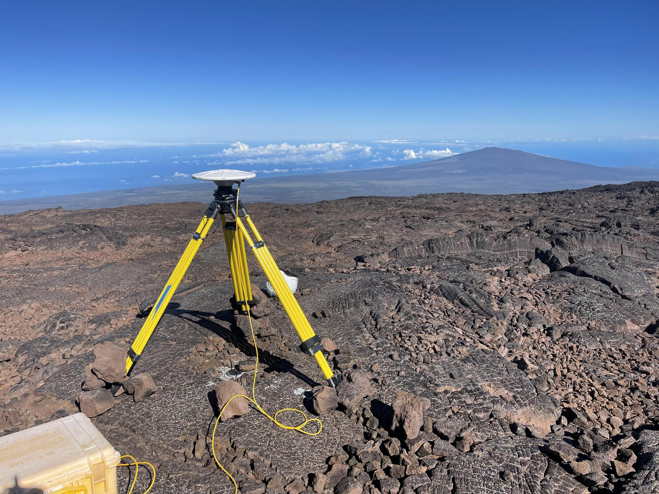 GPS campaign survey stations high on the flanks of Mauna Loa offer expansive views of neighboring volcanoes