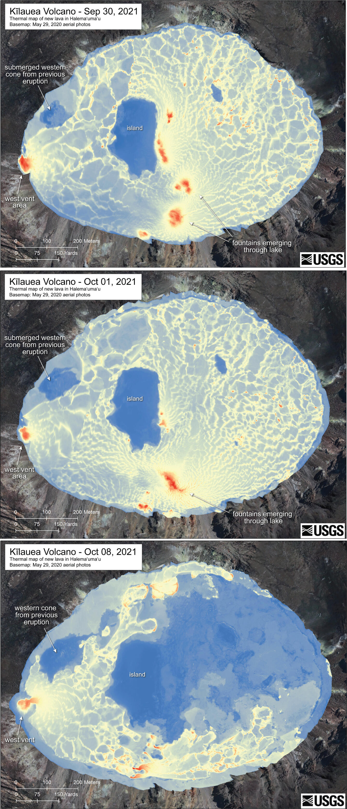 series of thermal maps depicts the development of the Halema‘uma‘u lava lake since the recent Kīlauea summit eruption started