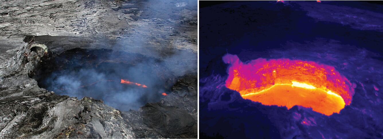 Color photograph and thermal image of lava pond