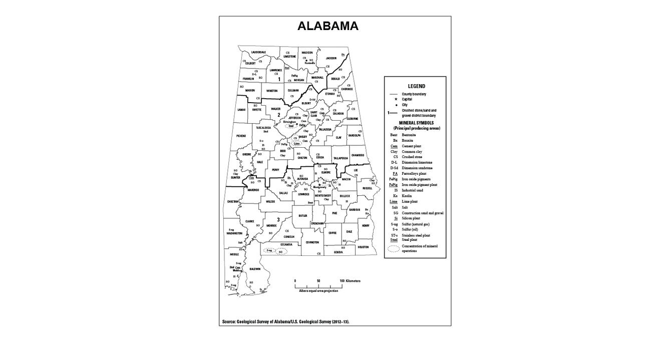 Screenshot of Alabama mineral commodity producing areas map from 2012-2013 Minerals Yearbook