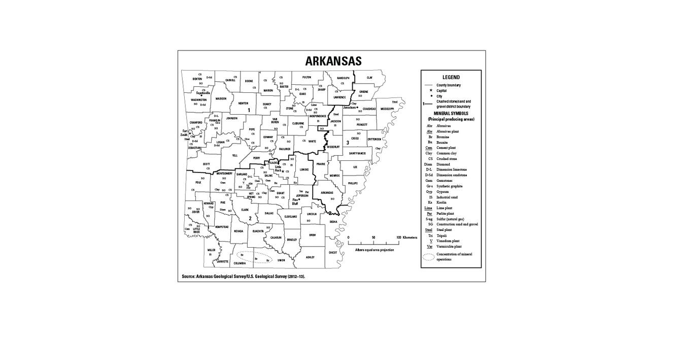 Screenshot of Arkansas  mineral commodity producing areas map from 2012-2013 Minerals Yearbook