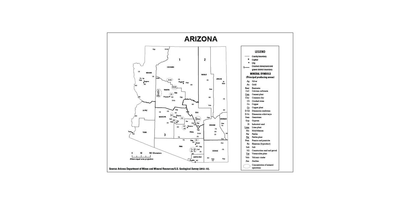 Screenshot of Arizona mineral commodity producing areas map from 2012-2013 Minerals Yearbook