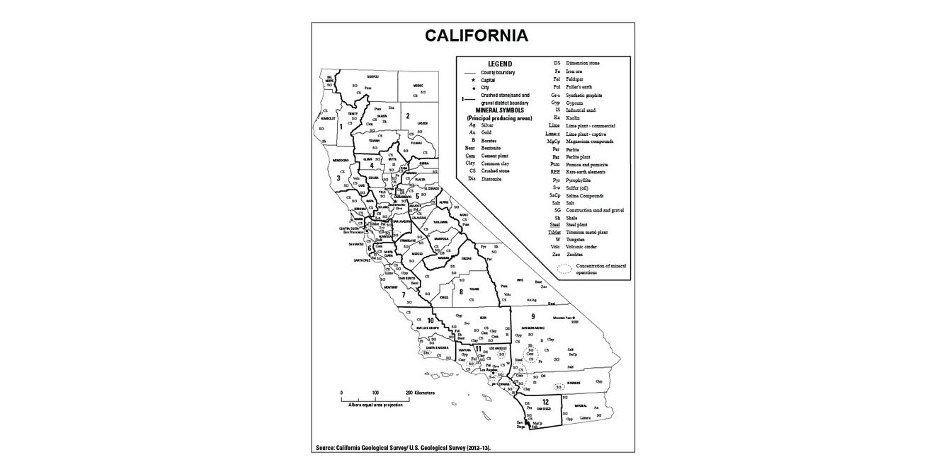 Screenshot of California mineral commodity producing areas map from 2012-2013 Minerals Yearbook