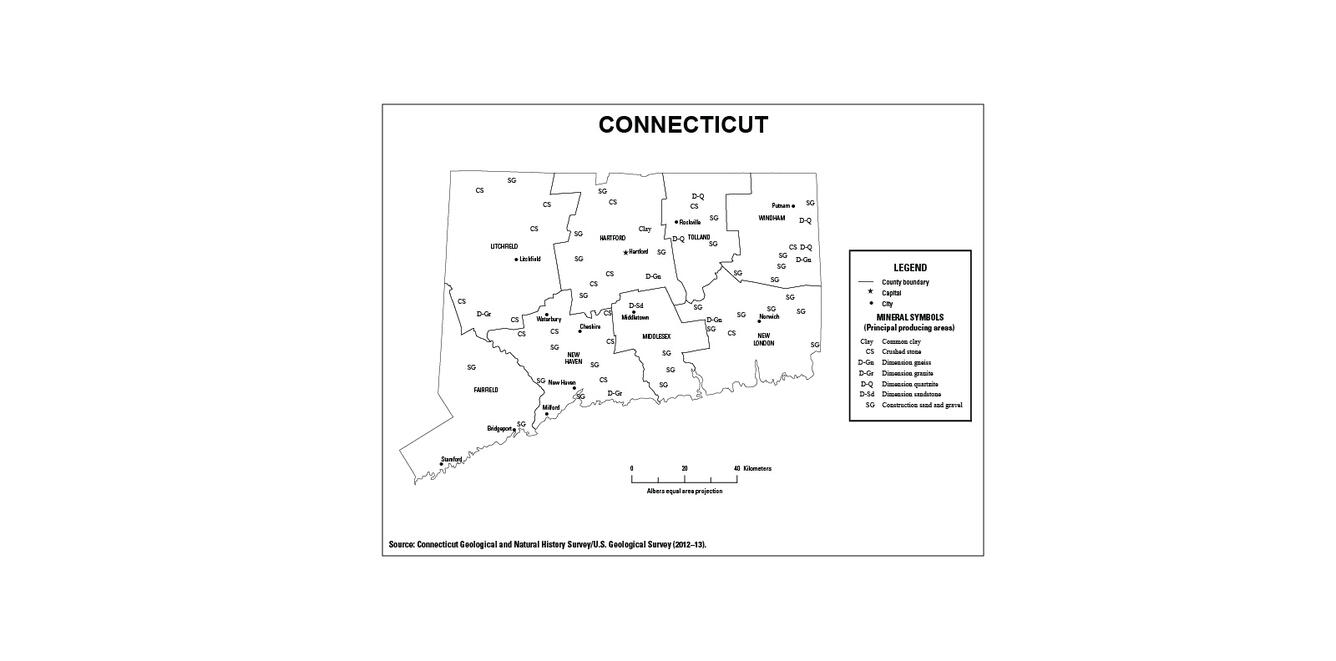 Screenshot of Connecticut  mineral commodity producing areas map from 2012-2013 Minerals Yearbook