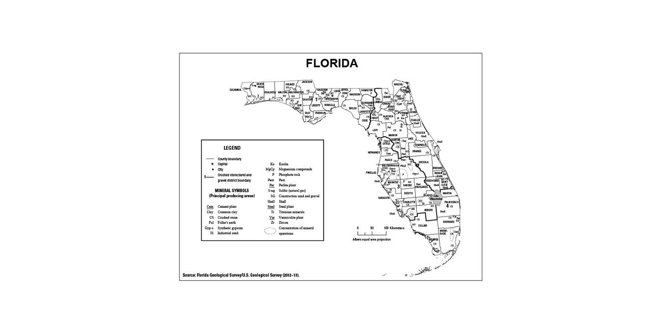 Screenshot of Florida mineral commodity producing areas map from 2012-2013 Minerals Yearbook