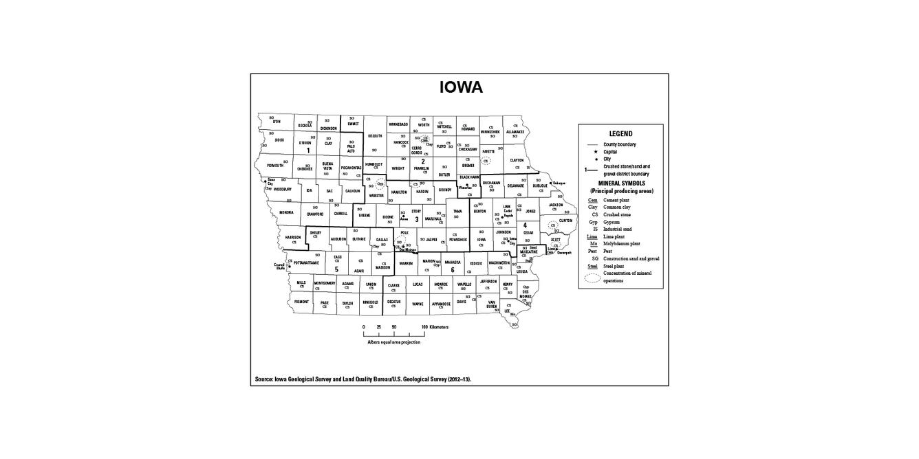 Screenshot of Iowa mineral commodity producing areas map from 2012-2013 Minerals Yearbook