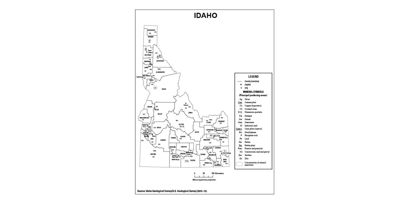 Screenshot of Idaho mineral commodity producing areas map from 2012-2013 Minerals Yearbook