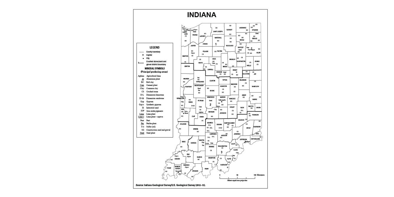 Screenshot of Indiana mineral commodity producing areas map from 2012-2013 Minerals Yearbook